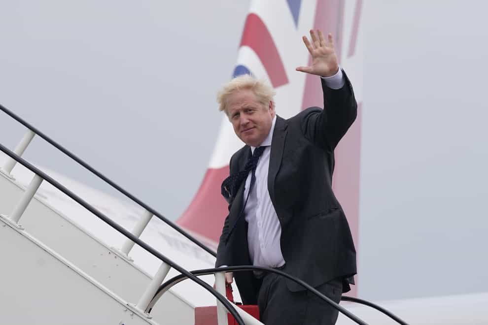 Boris Johnson boards RAF Voyager at Stansted Airport ahead of a meeting with US President Joe Biden in Washington (Stefan Rousseau/PA)