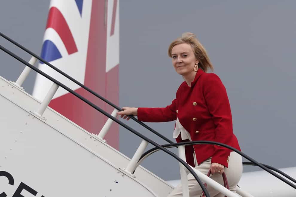 Foreign Secretary Liz Truss boards RAF Voyager at Stansted Airport ahead of a four-day visit to New York and Washington. (Stefan Rousseau/PA)