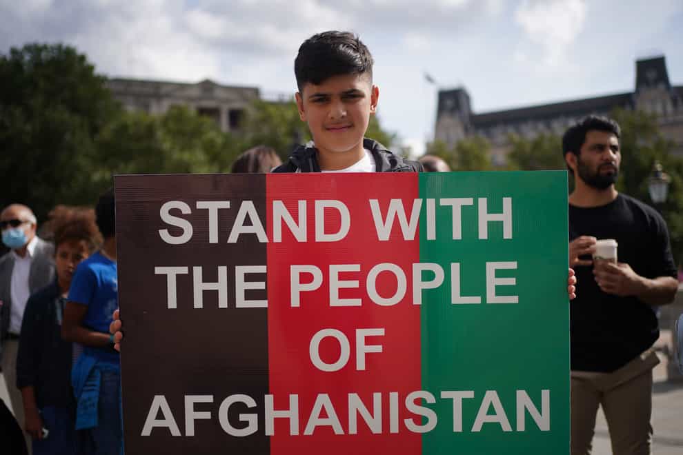 People at an Afghan solidarity rally in Trafalgar Square, London, to oppose the Taliban and show that Britain stands with Afghanistan and supports the resistance to the Taliban. (Yui Mok/PA)