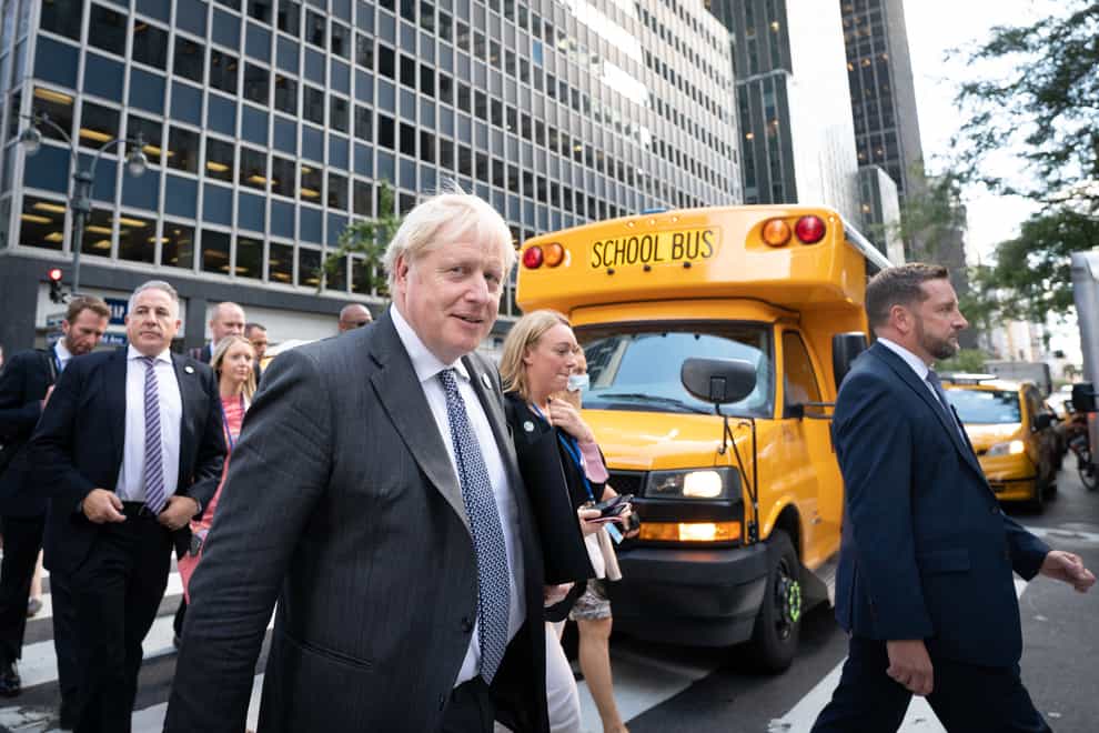 Prime Minister Boris Johnson walks to a television interview in New York whilst attending the United Nations General Assembly during his visit to the United States. Picture date: Monday September 20, 2021.