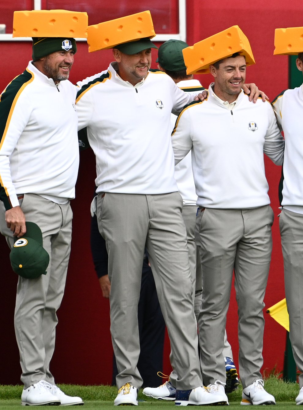 Team Europe’s Lee Westwood, Ian Poulter, Rory McIlroy and Paul Casey (left-right) arrive on the first tee wearing Green Bay Packers cheesehead hats ahead of the 43rd Ryder Cup (Anthony Behar/PA)