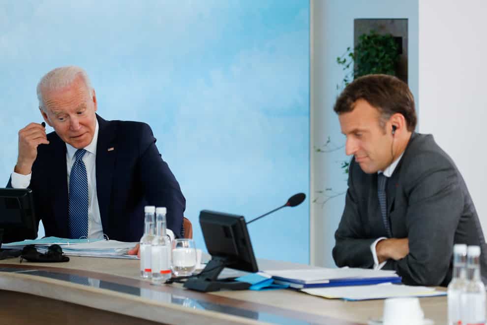 Joe Biden and Emmanuel Macron during the G7 summit in Cornwall (Phil Noble, PA)