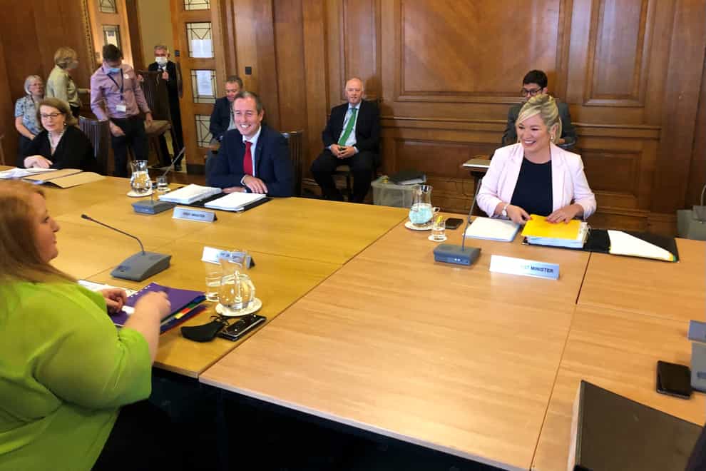 First Minister Paul Givan and deputy First Minister Michelle O’Neill with Justice Minister Naomi Long before the first face to face Stormont Executive meeting in almost a year in Parliament Buildings Stormont. Picture date: Thursday September 23, 2021.