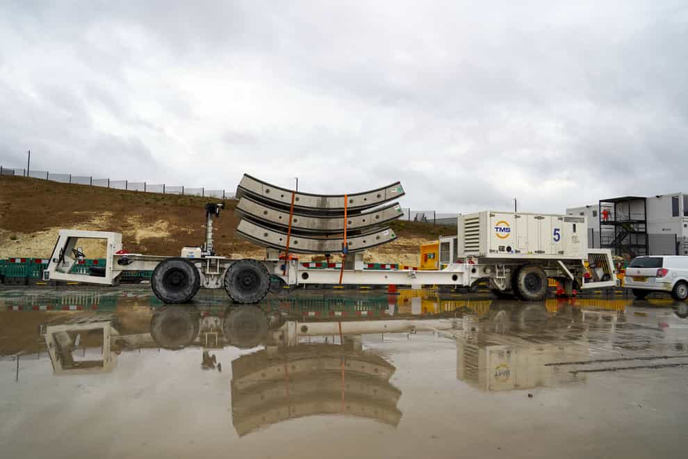 Tunnel segments wait to be loaded onto Florence – the largest ever tunnel boring machine used on a UK rail project – which is unveiled at the HS2 site in West Hyde near Rickmansworth in Hertfordshire (Steve Parsons/PA)