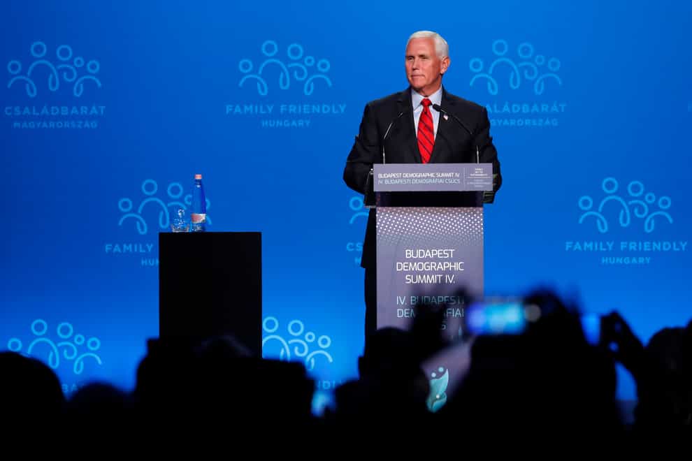 Former US Vice President Mike Pence holds a speech during the 4th Budapest Demographic Summit in Budapest, Hungary (AP Photo/Laszlo Balogh)