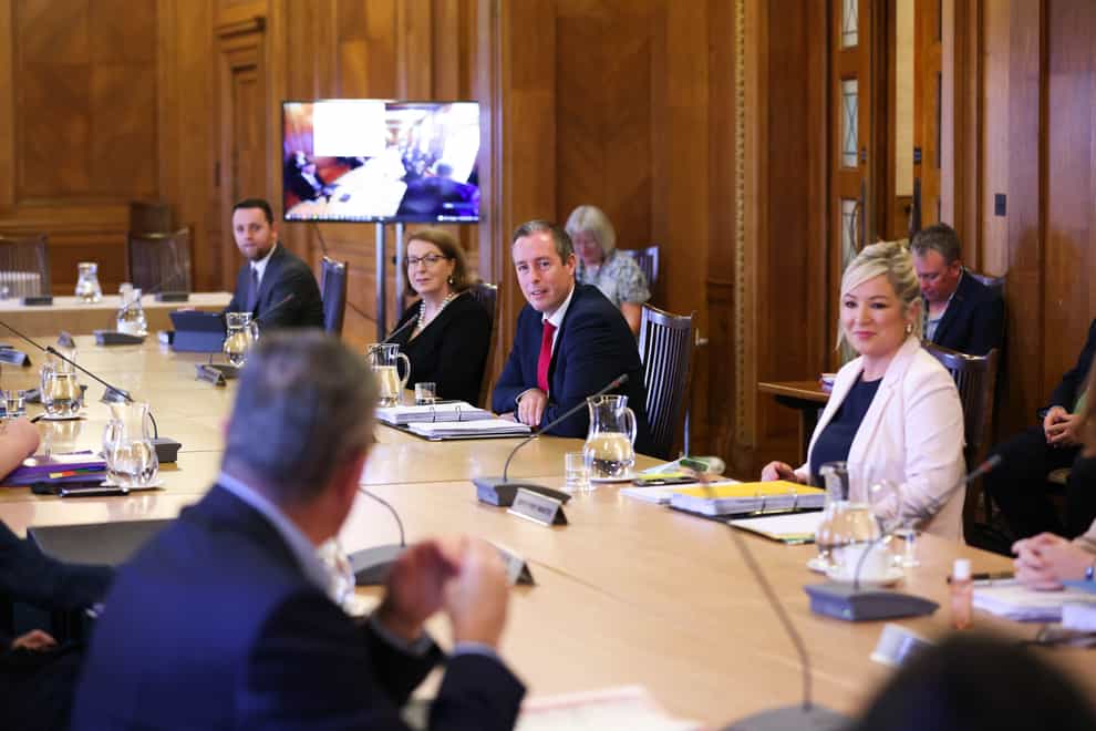 First Minister Paul Givan and deputy First Minister Michelle O’Neill attend the first in-person Executive meeting since last October (Press Eye/PA)