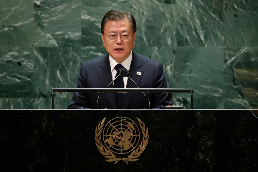 South Korea’s President Moon Jae-in addresses the 76th Session of the UN General Assembly (Eduardo Munoz/Pool Photo via AP, File)