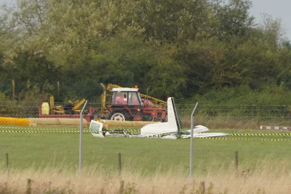 The wreckage of a light aircraft could be seen at Teesside Airport (Owen Humphreys/PA)