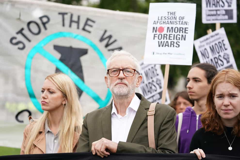 Former Labour leader Jeremy Corbyn joins a demonstration in Parliament Square by the Stop the War campaign group (Kirsty O’Connor/PA)