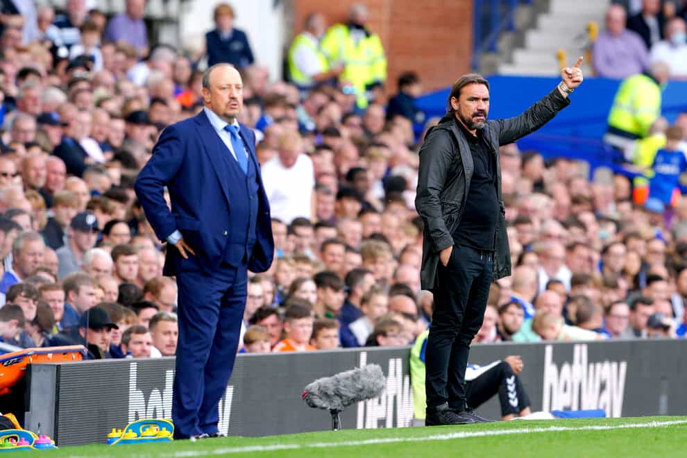Norwich manager Daniel Farke, right, felt Everton’s penalty should not have been given (Peter Byrne/PA)