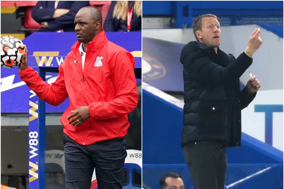 Crystal Palace boss Patrick Vieira will face Brighton manager Graham Potter for the first time on Monday (Dominic Lipinski/Mike Hewitt/PA)