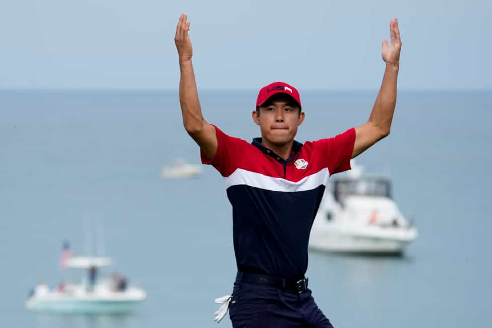Collin Morikawa celebrates as the United States regained the Ryder Cup (Ashley Landis/AP).