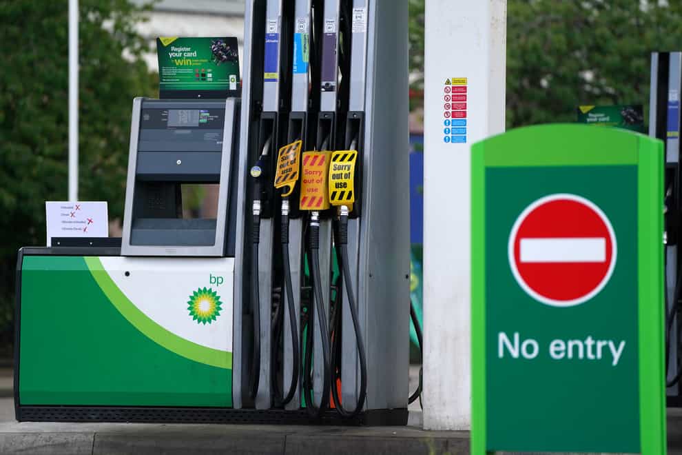 A sign on fuel pumps showing no fuel available at a BP petrol station in Grangemouth (Andrew Milligan/PA)