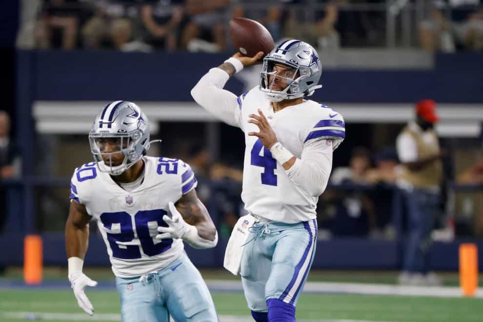 Dak Prescott threw three touchdown passes on his return to his home ground following injury to lead the Dallas Cowboys to a 41-21 win over the Philadelphia Eagles (Ron Jenkins/AP)