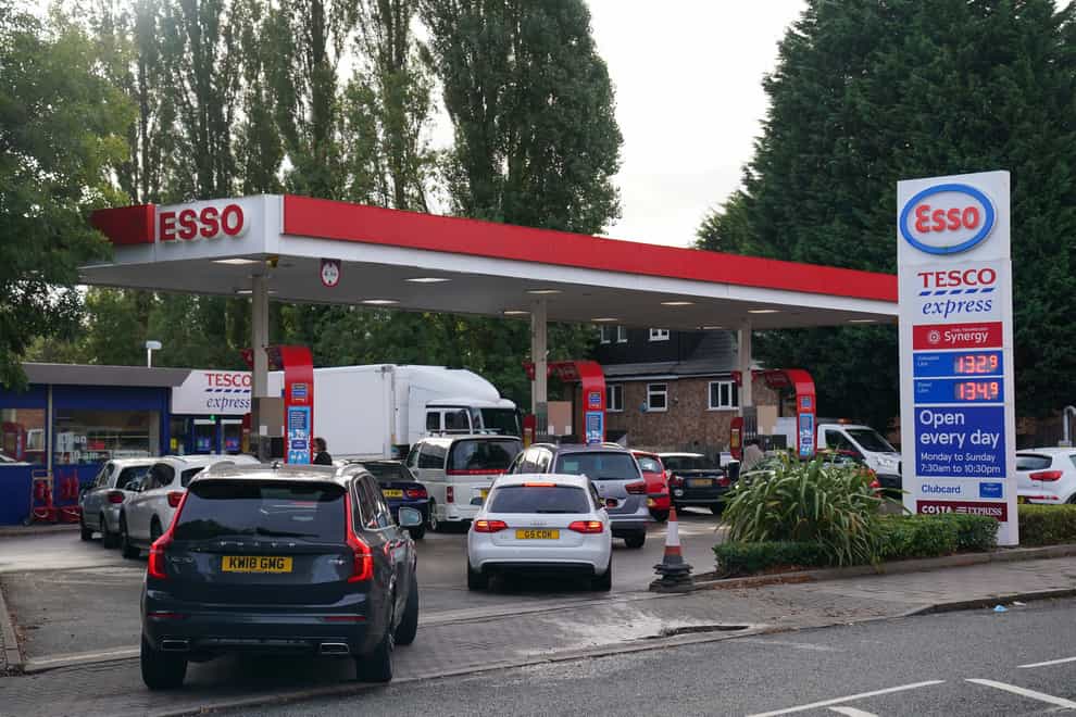Drivers queue for fuel in Bournville, Birmingham (Jacob King/PA)