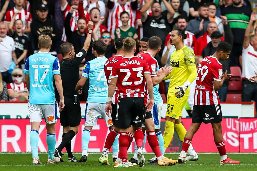 Derby goalkeeper Kelle Roos was sent off at Sheffield United on Saturday (Barrington Coombs/PA)