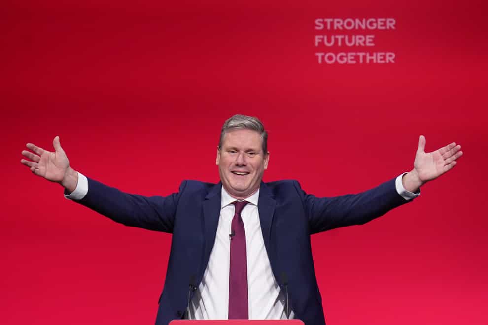 Labour party leader Sir Keir Starmer delivers his keynote speech at the Labour Party conference at the Brighton Centre in Brighton (PA)