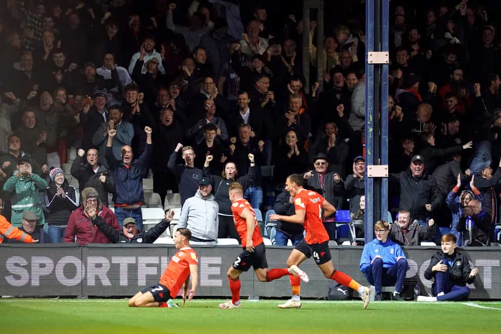 Luton’s Harry Cornick celebrates scoring the second goal (David Davies/PA)