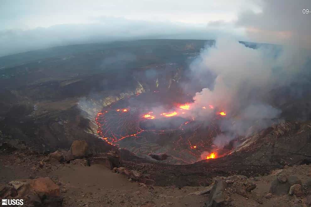 Webcam footage shows a view of an eruption that has begun in the Halemaumau crater at the summit of Hawaii’s Kilauea volcano (USGS via AP)