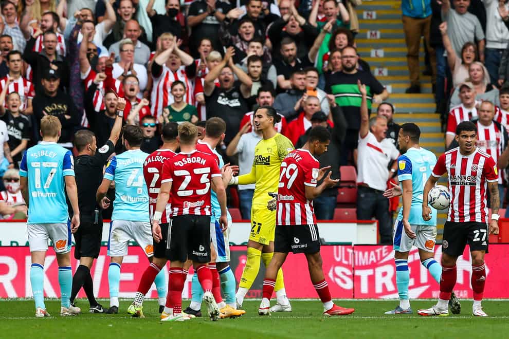 Derby frustrations boiled over when Kelle Roos was sent off in defeat at Sheffield United (Barrington Coombs/PA)