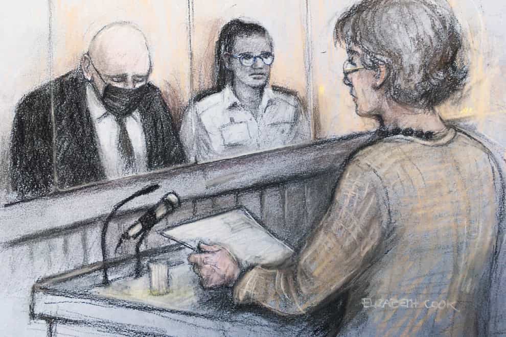 Susan Everard (right), the mother of Sarah Everard, reading a victim impact statement as former Metropolitan Police officer Wayne Couzens (left), 48, sits in the dock (Elizabeth Cook/PA)