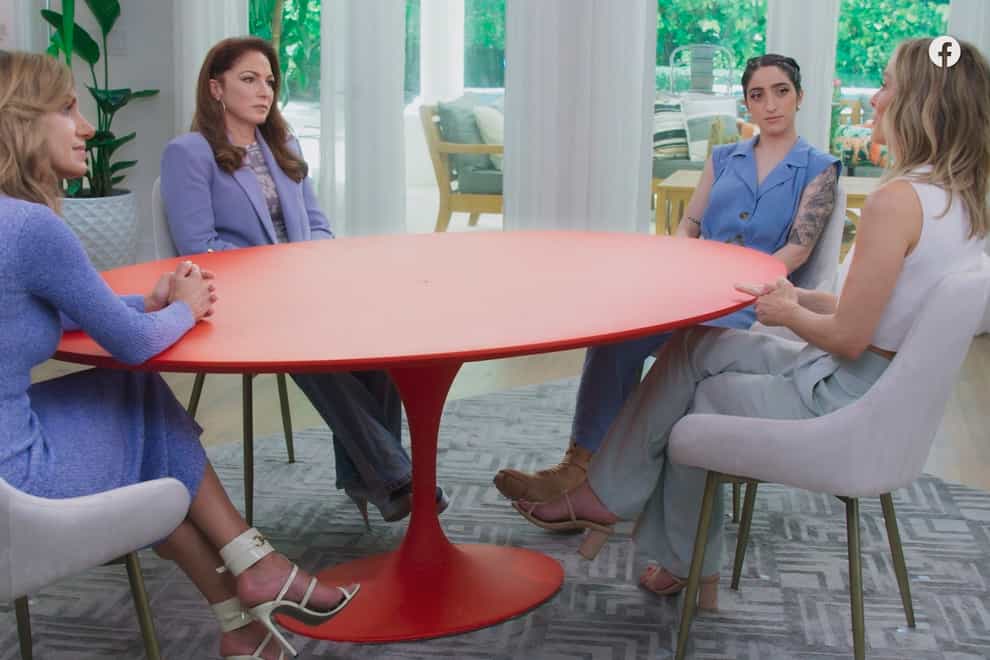 Lili, left to right, Gloria and Emily Estefan with guest Claire Crowley during Red Table Talk: The Estefans (Facebook Watch via AP)
