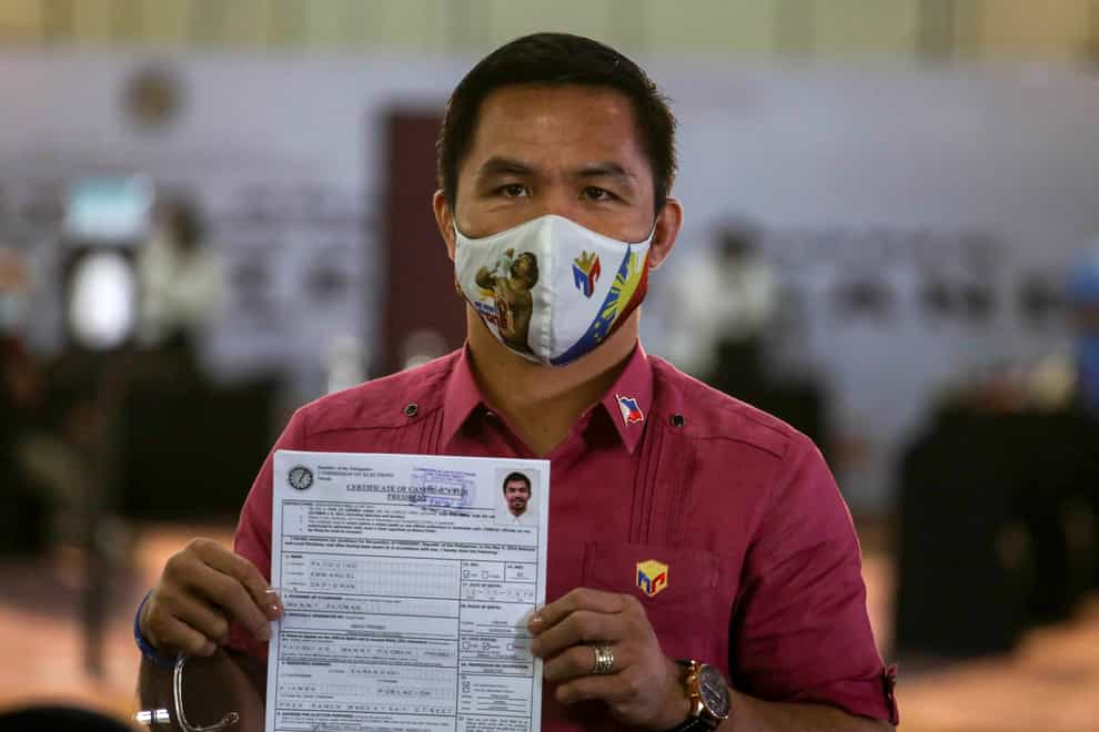 Retired Filipino boxing star and senator Manny Pacquiao files his certificate of candidacy for next year’s presidential elections