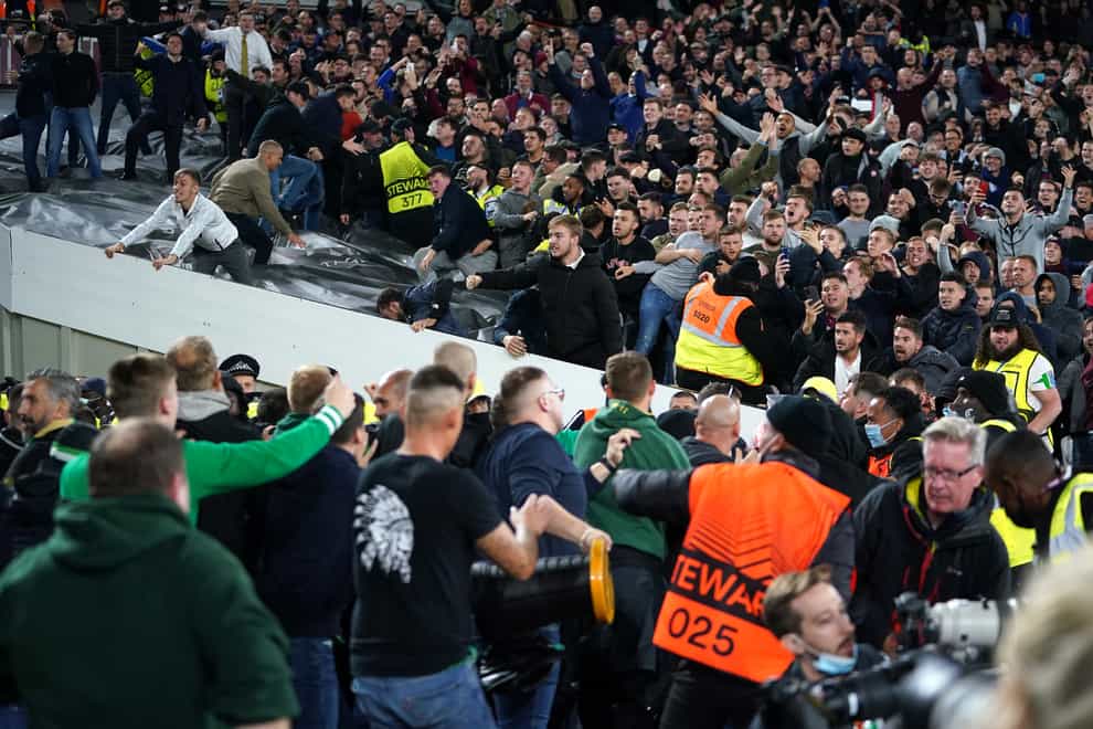Rapid Vienna fans tried to get to West Ham supporters (Mike Egerton/PA)