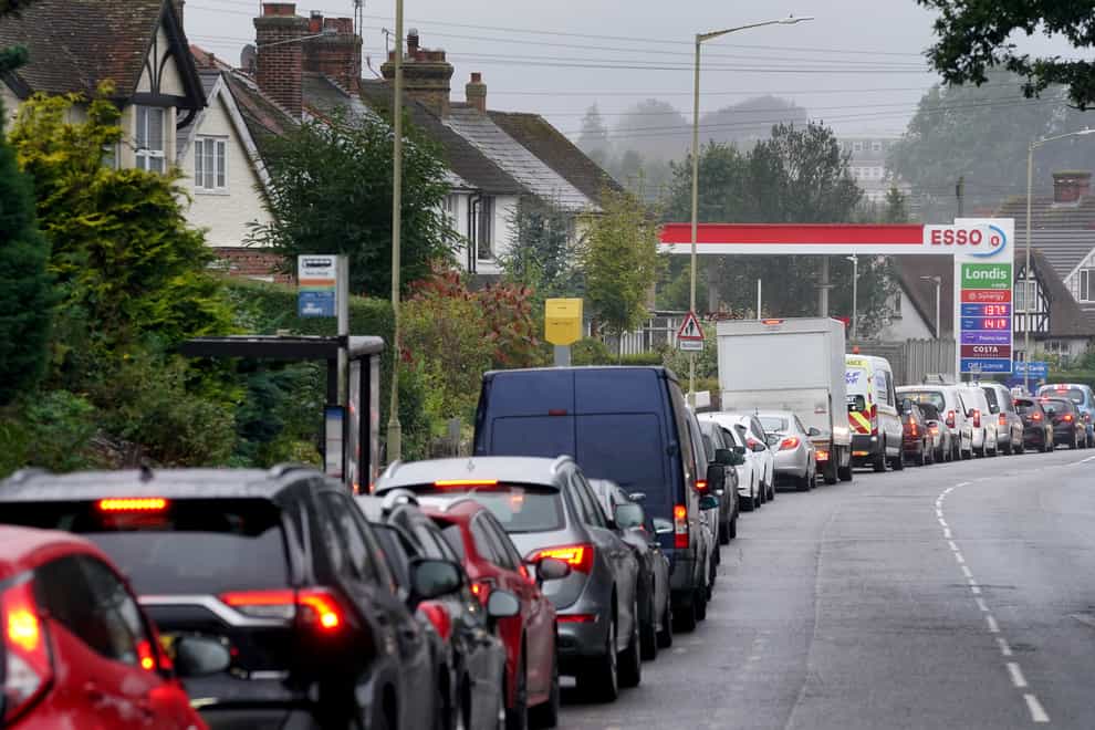 Motorists queue for fuel at a petrol station in Ashford, Kent (Gareth Fuller/PA)