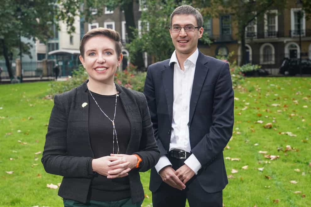 Carla Denyer and Adrian Ramsay outside the St Pancras Meeting Rooms in London after being elected as the co-leaders of the Green Party. Picture date: Friday October 1, 2021.