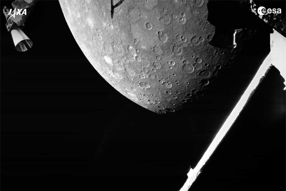 This image made available by the European Space Agency (ESA) shows planet Mercury taken by the joint European-Japanese BepiColombo spacecraft Mercury Transfer Module’s Monitoring Camera 2, Friday, Oct. 1, 2021. (ESA via AP)