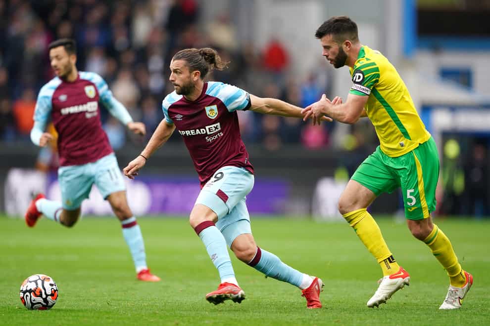 Burnley striker Jay Rodriguez and Norwich captain Grant Hanley battle for the ball in the goalless draw (Zac Goodwin/PA)
