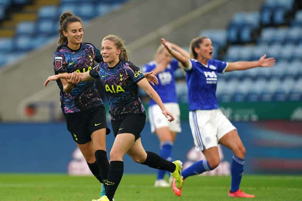 Tottenham’s Angela Addison (second left) celebrates scoring their second goal in a 2-0 win at Leicester (Mike Egerton/PA)
