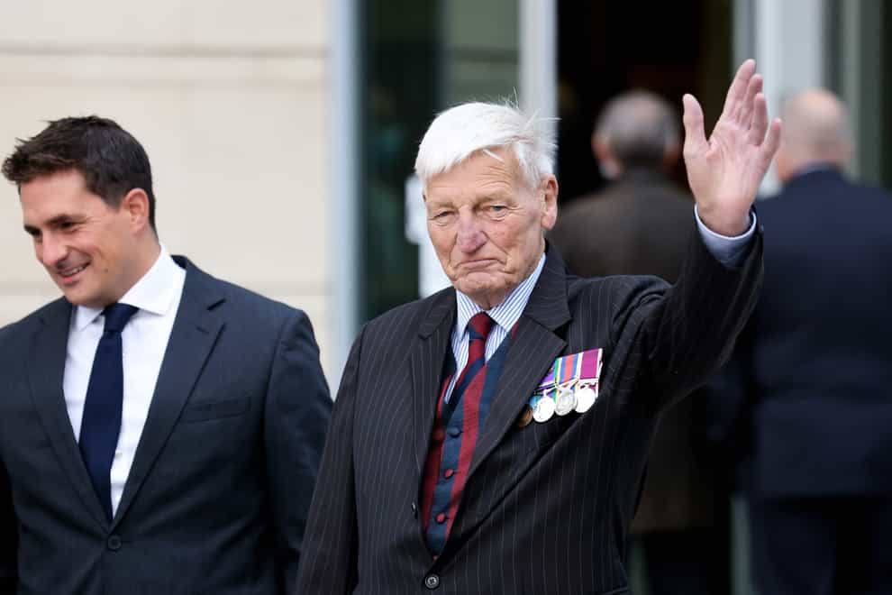 Dennis Hutchings arrives at court with Johnny Mercer (Peter Morrison/PA)