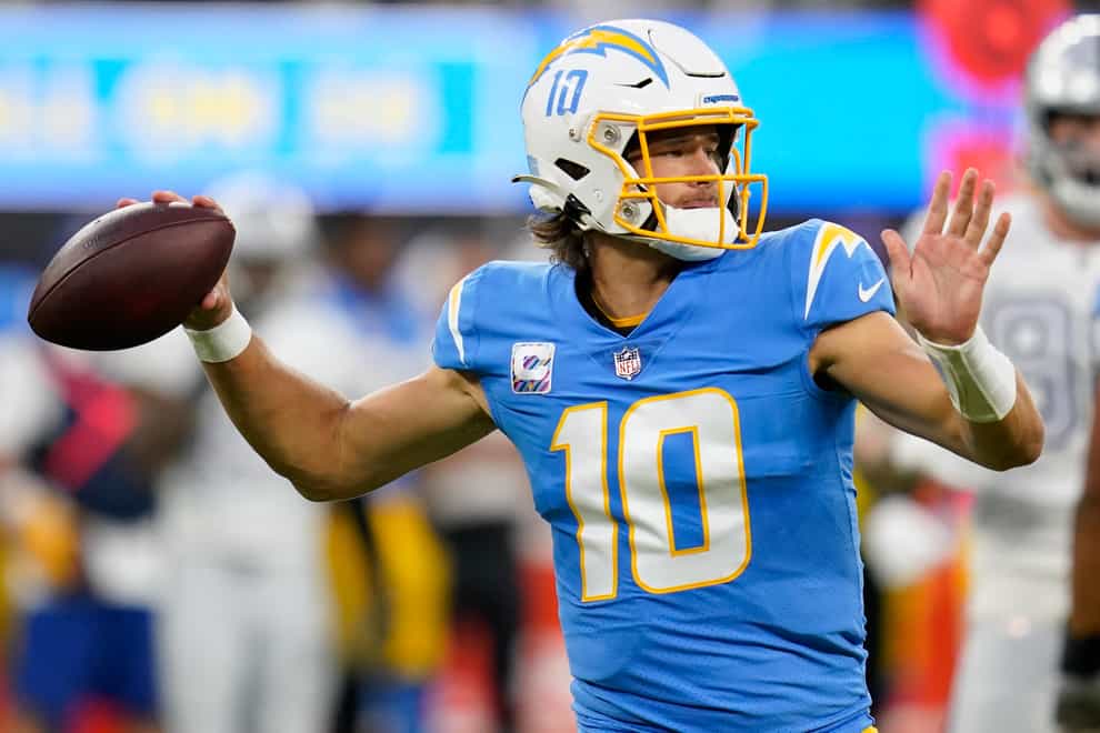 The Las Vegas Raiders’ undefeated start to the season was snapped during Monday night football courtesy of a trio of touchdown throws from Los Angeles Chargers quarterback Justin Herbert (Ashley Landis/AP)