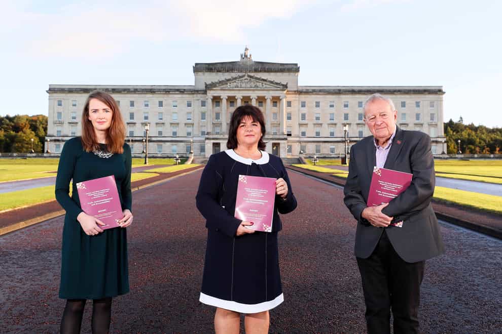 Dr Maeve O’Rourke, Deirdre Mahon and Professor Phil Scraton outside Stormont (Truth Recovery Design Panel)
