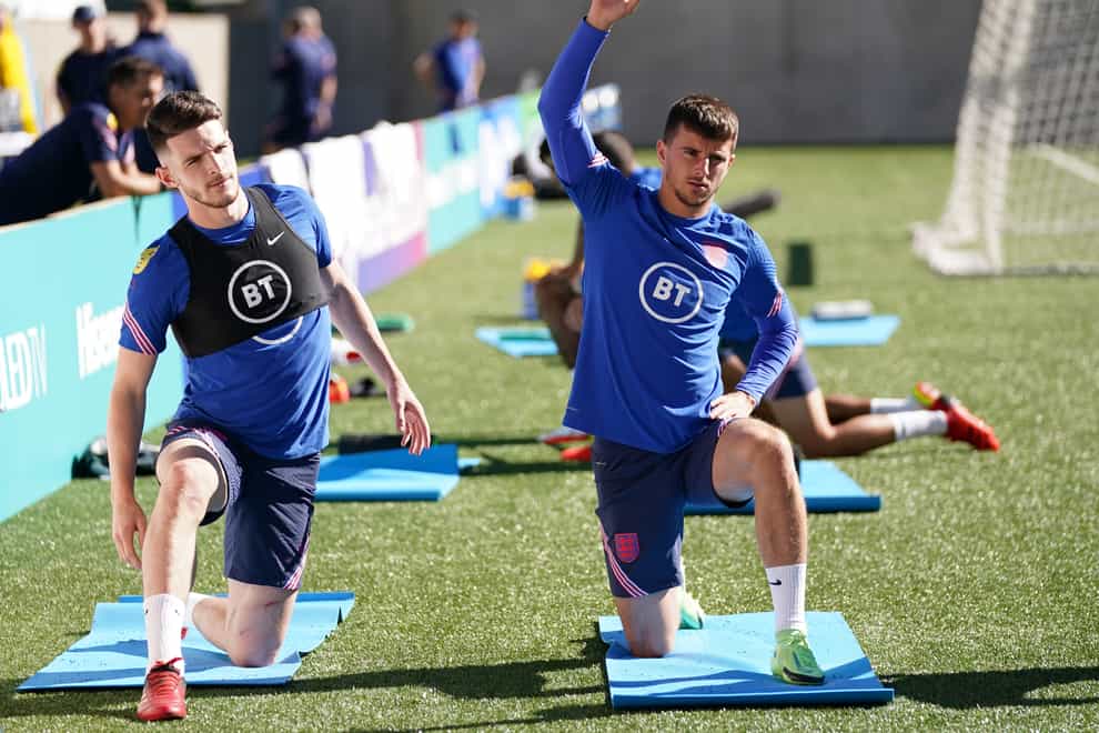 England’s Declan Rice and Mason Mount during a training session at Estadi Nacional, Andorra (Nick Potts/PA)