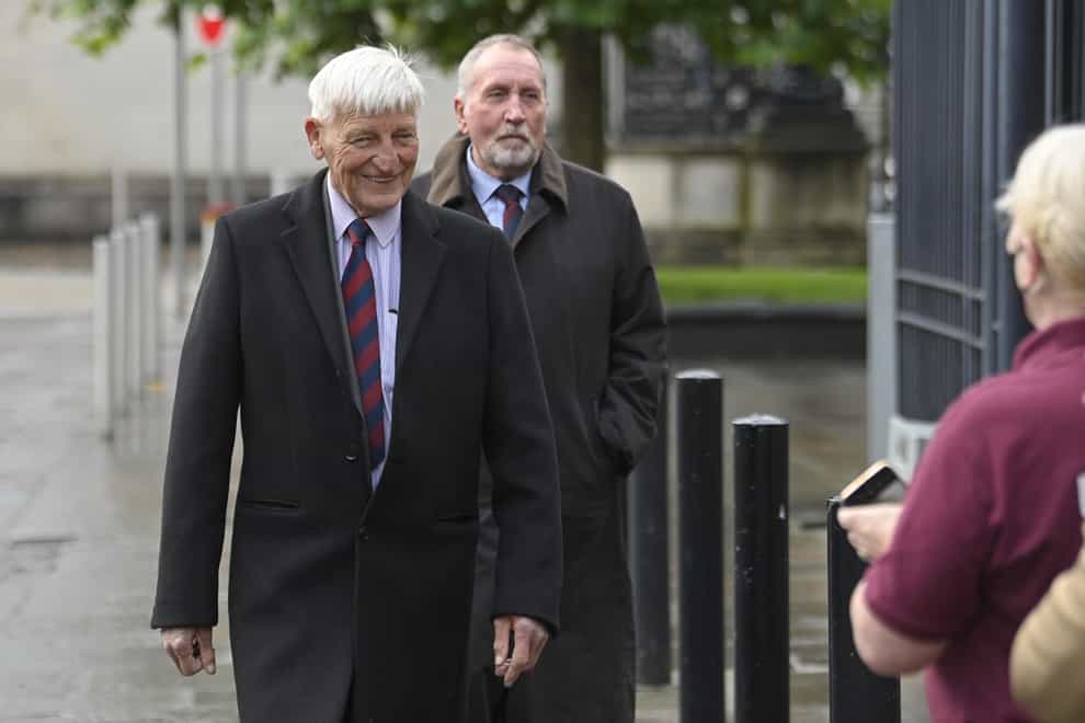 Dennis Hutchings, left, arrives at Laganside Courts, Belfast, the former member of the Life Guards regiment, has pleaded not guilty to the attempted murder of John Pat Cunningham in Co Tyrone in 1974. He also denies a count of attempted grievous bodily harm with intent (Mark Marlow/PA)