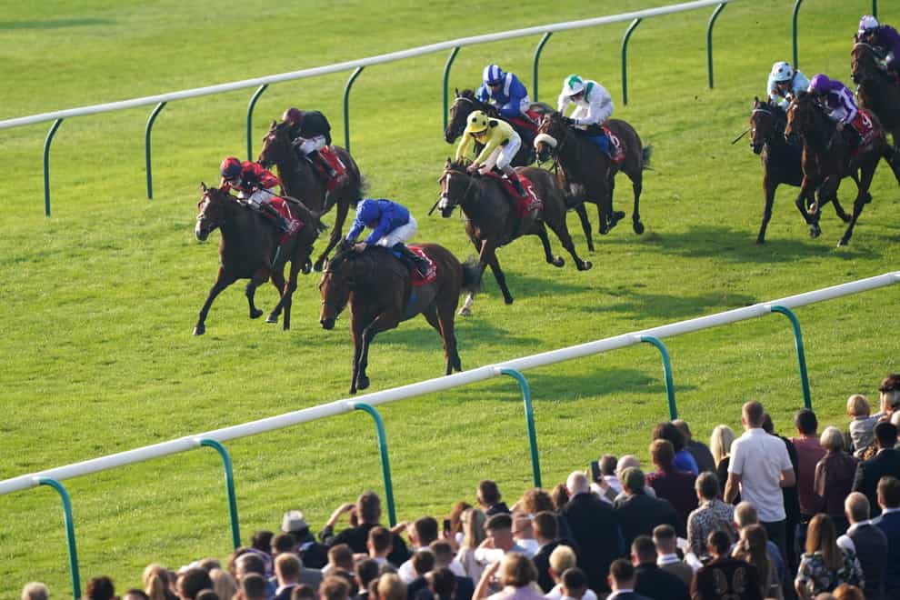 Coroebus (centre, blue cap) on his way to winning the Emirates Autumn Stakes at Newmarket (Tim Goode/PA)