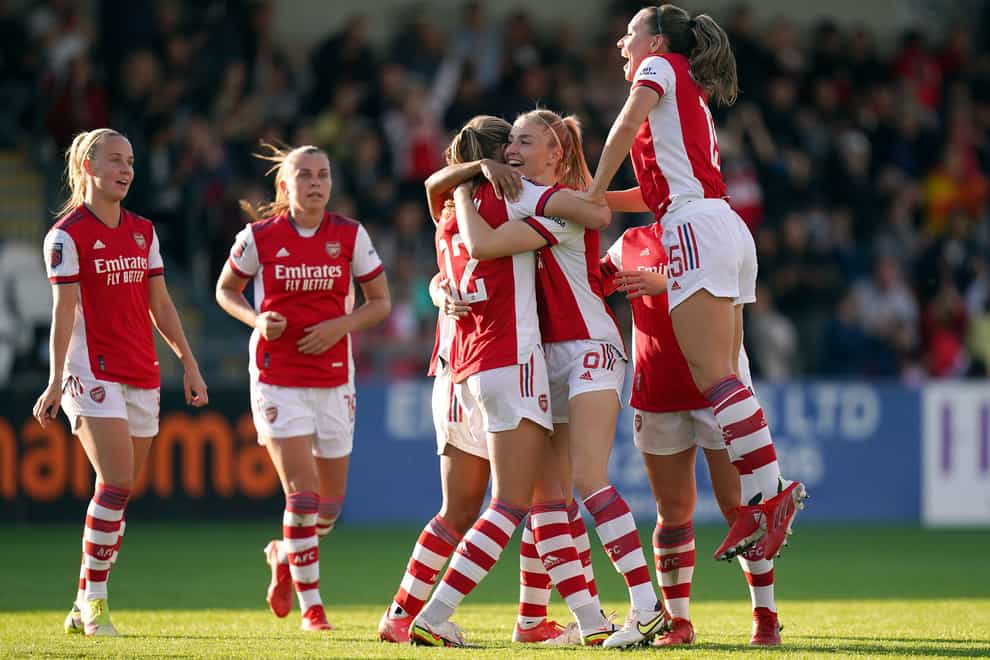 Frida Maanum celebrates her first Women’s Super League goal in Arsenal’s 3-0 win against Everton (Adam Davy/PA)