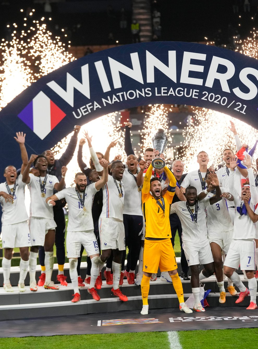 France’s players celebrate their victory (Luca Bruno/AP)