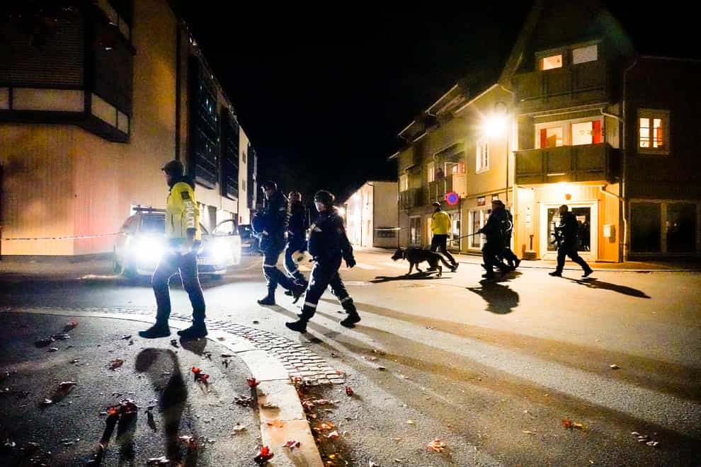 Police at the scene after an attack in Kongsberg, Norway (Hakon Mosvold Larsen/AP)