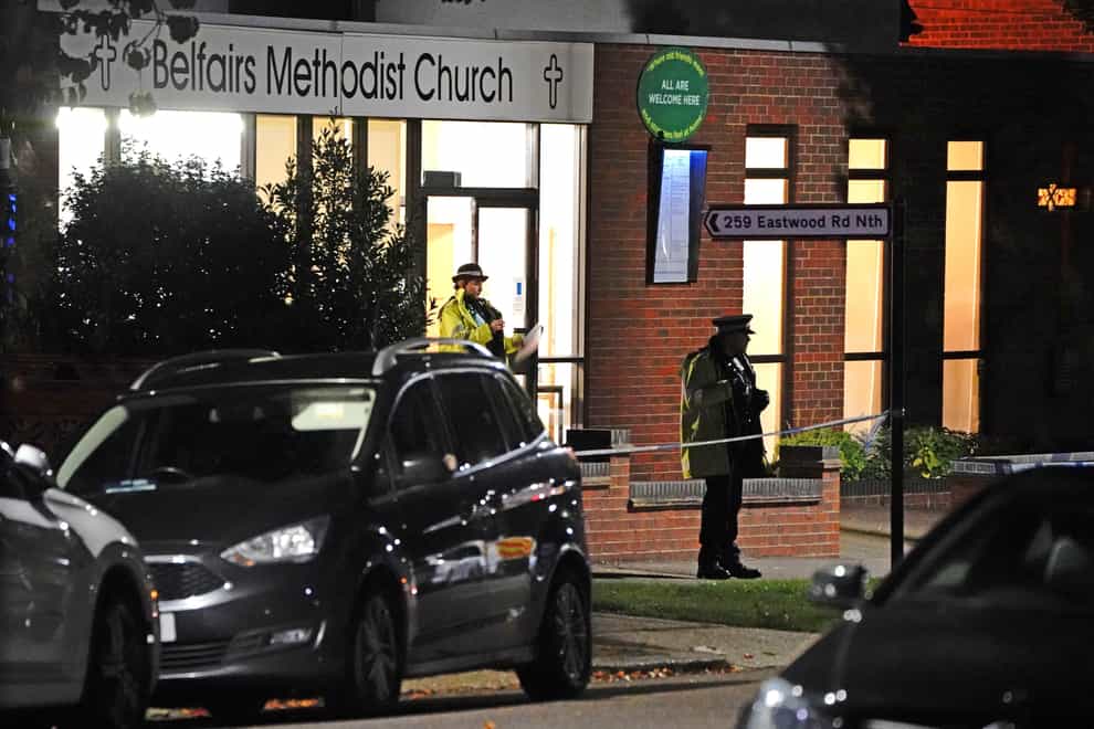 Police at Belfairs Methodist Church in Eastwood Road North, Leigh-on-Sea, Essex (Jonathan Brady/PA).