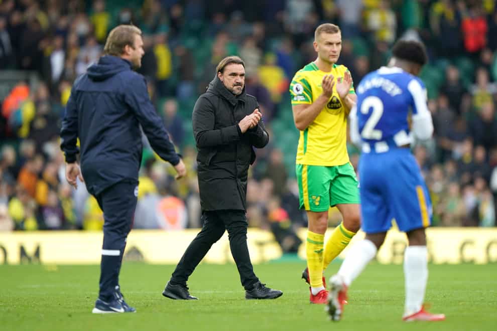 Norwich manager Daniel Farke (second left) saw his side held by Brighton (Joe Giddens/PA).