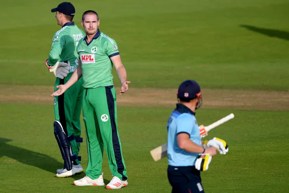 Ireland’s Josh Little gives England batter Jonny Bairstow a send-off during the 2020 one-day series (Mike Hewitt/PA)