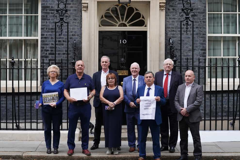 Relatives of victims of the Northern Ireland Troubles previously handed a letter into Number 10 protesting against the Government’s planned statute of limitations on future prosecutions (PA)