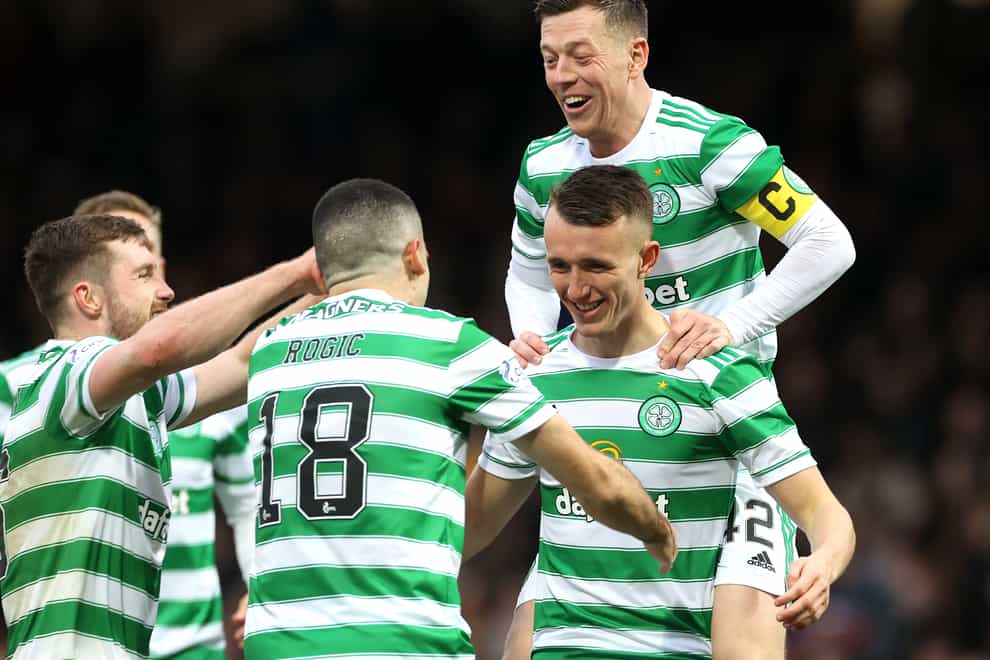 Celtic celebrate David Turnbull’s stunning goal in a 2-0 win at Motherwell (Steve Welsh/PA)