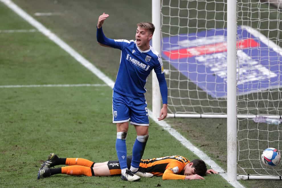 Gillingham’s Jack Tucker was on the receiving end of a heft challenge during the match against Sunderland (Richard Sellers/PA)
