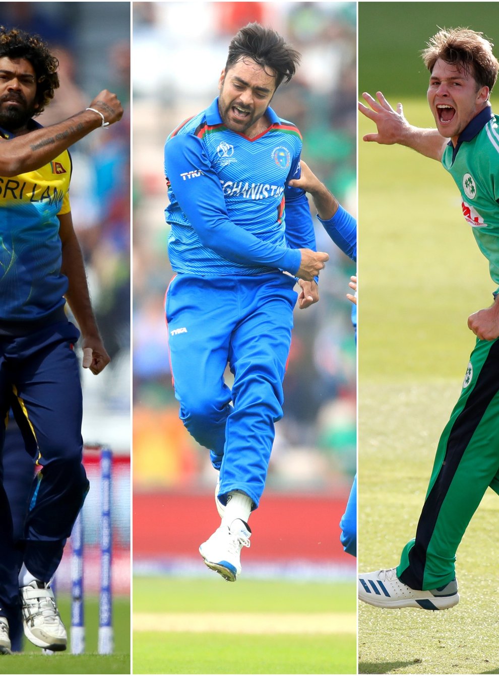 Curtis Campher joined Lasith Malinga, left, and Rashid Khan, centre, in the history books (Tim Goode/Adam Davy/ Andrew Couldridge/PA)