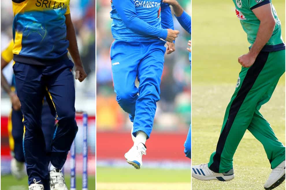 Curtis Campher joined Lasith Malinga, left, and Rashid Khan, centre, in the history books (Tim Goode/Adam Davy/ Andrew Couldridge/PA)
